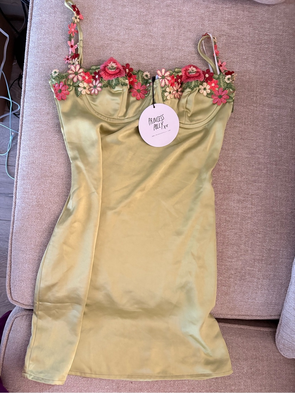 Princess Polly Lime Green Satin Mini Dress with Pink Floral Trim